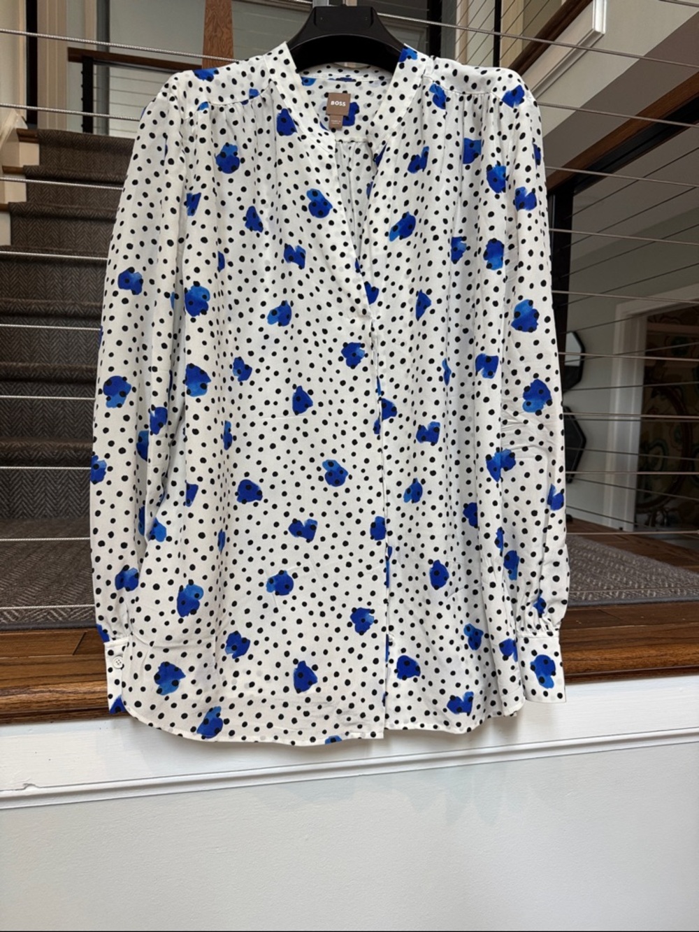 Boss White Blouse with Black Polka Dots and Blue Floral Spots